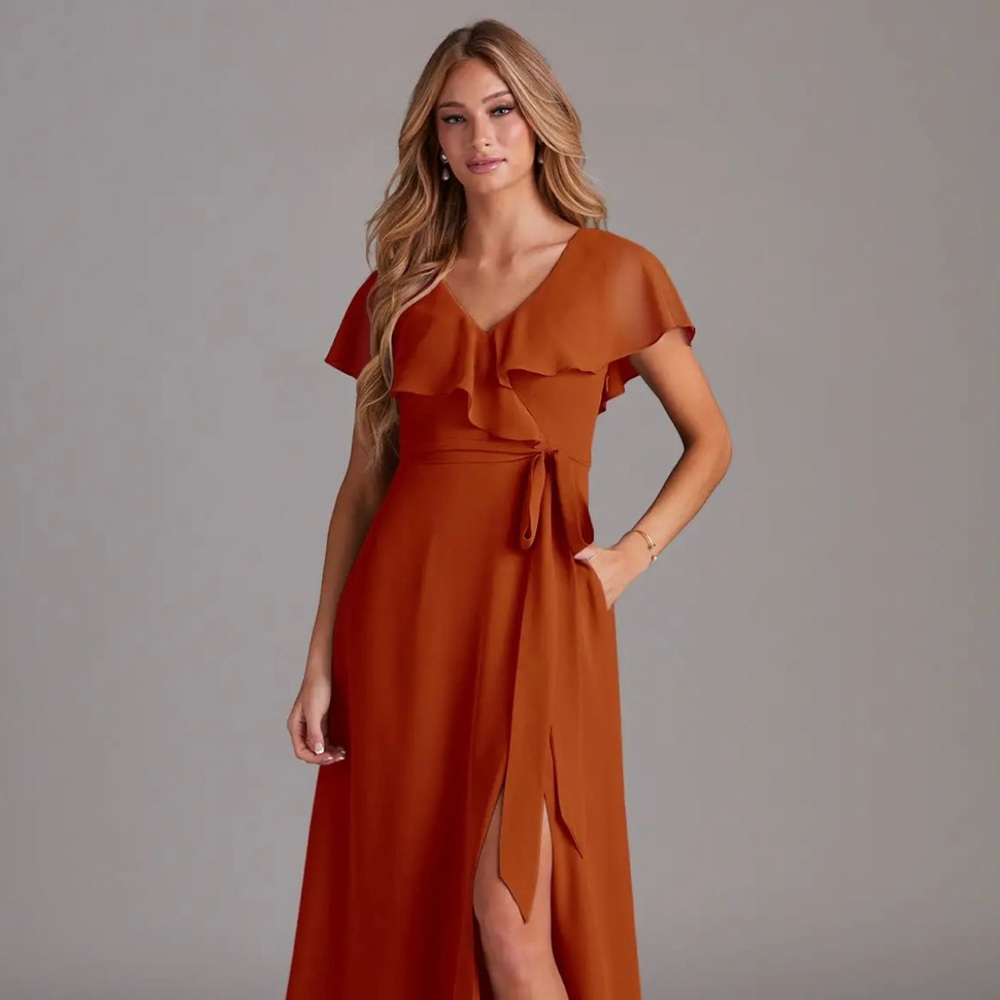 Azazie Rust Orange Ruffle Maxi Dress